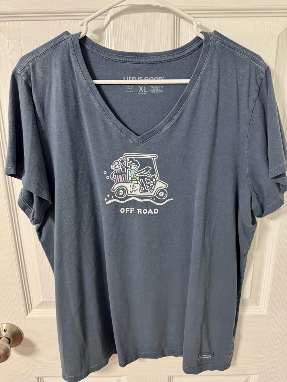 Life Is Good Women’s V-Neck Tee in Slate Blue with Off Road Golf Cart Graphic